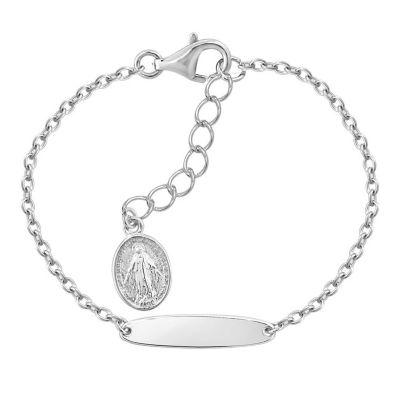 J'admire Lab Created Platinum Plated Sterling Silver Holy Mother Mary Extender Engravable Identification Tag Bracelet