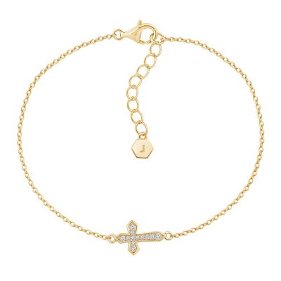J'admire Lab Created 14K Yellow Gold Plated Sterling Silver Pave Vintage Sideway Religious Cross Bracelet