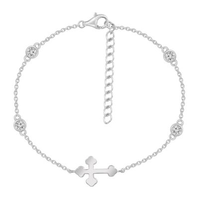 J'admire Lab Created Platinum Plated Sterling Silver Dainty Sideway Cubic Zirconia Station Bezel And Bottony Cross Bracelet