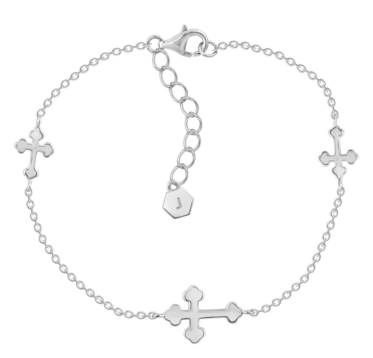 Lab Created Platinum Plated Sterling Silver Dainty Sideway Station Bottony Cross Bracelet