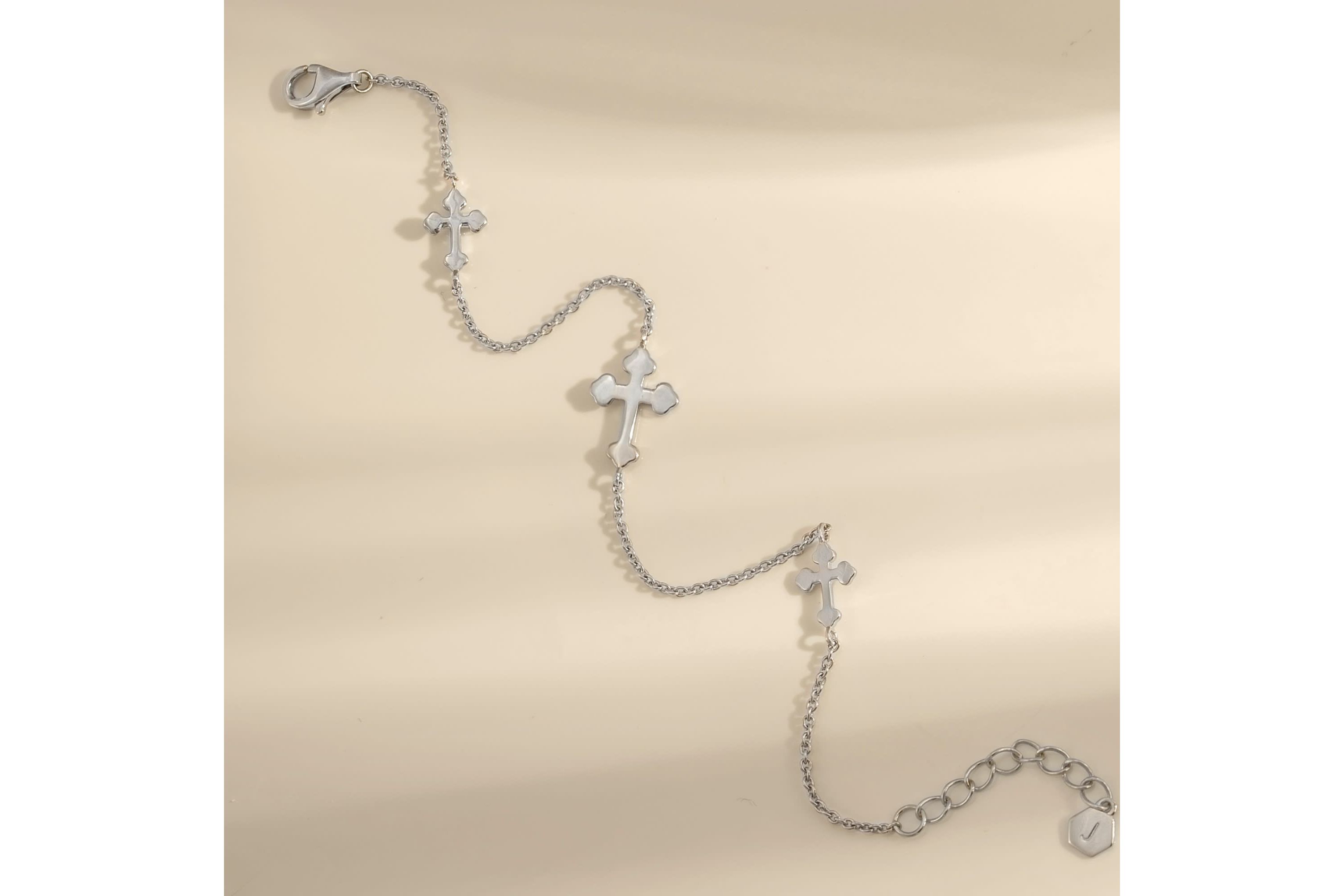 Lab Created Platinum Plated Sterling Silver Dainty Sideway Station Bottony Cross Bracelet