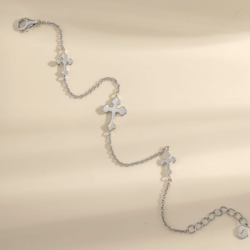 Lab Created Platinum Plated Sterling Silver Dainty Sideway Station Bottony Cross Bracelet