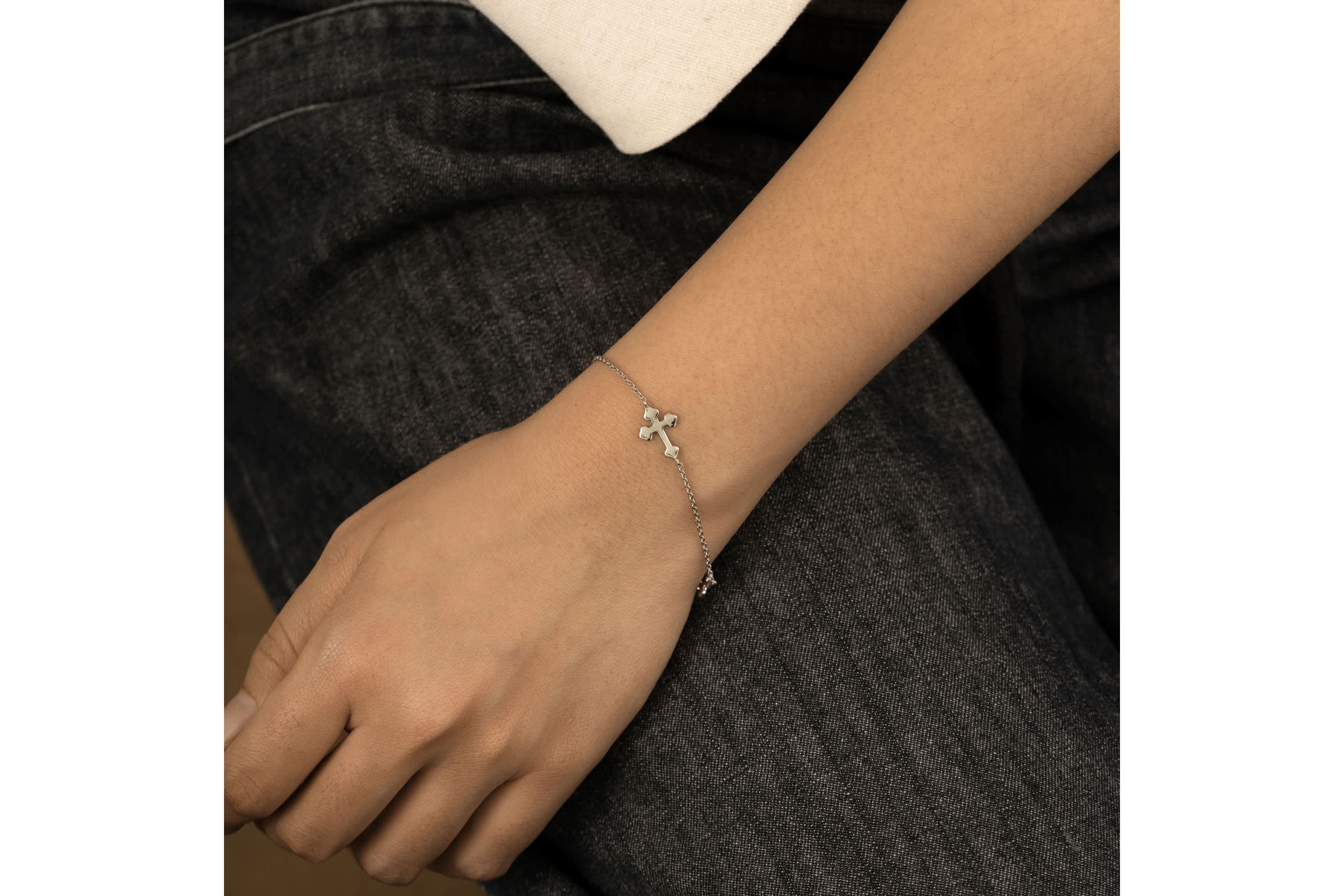 Lab Created Platinum Plated Sterling Silver Dainty Sideway Station Bottony Cross Bracelet