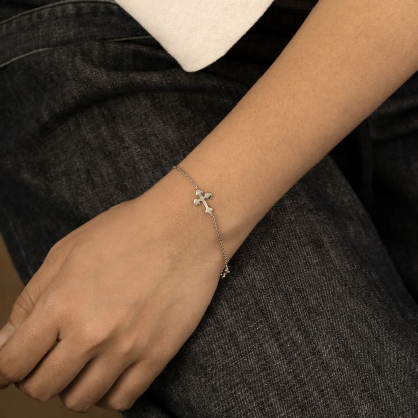 Lab Created Platinum Plated Sterling Silver Dainty Sideway Station Bottony Cross Bracelet
