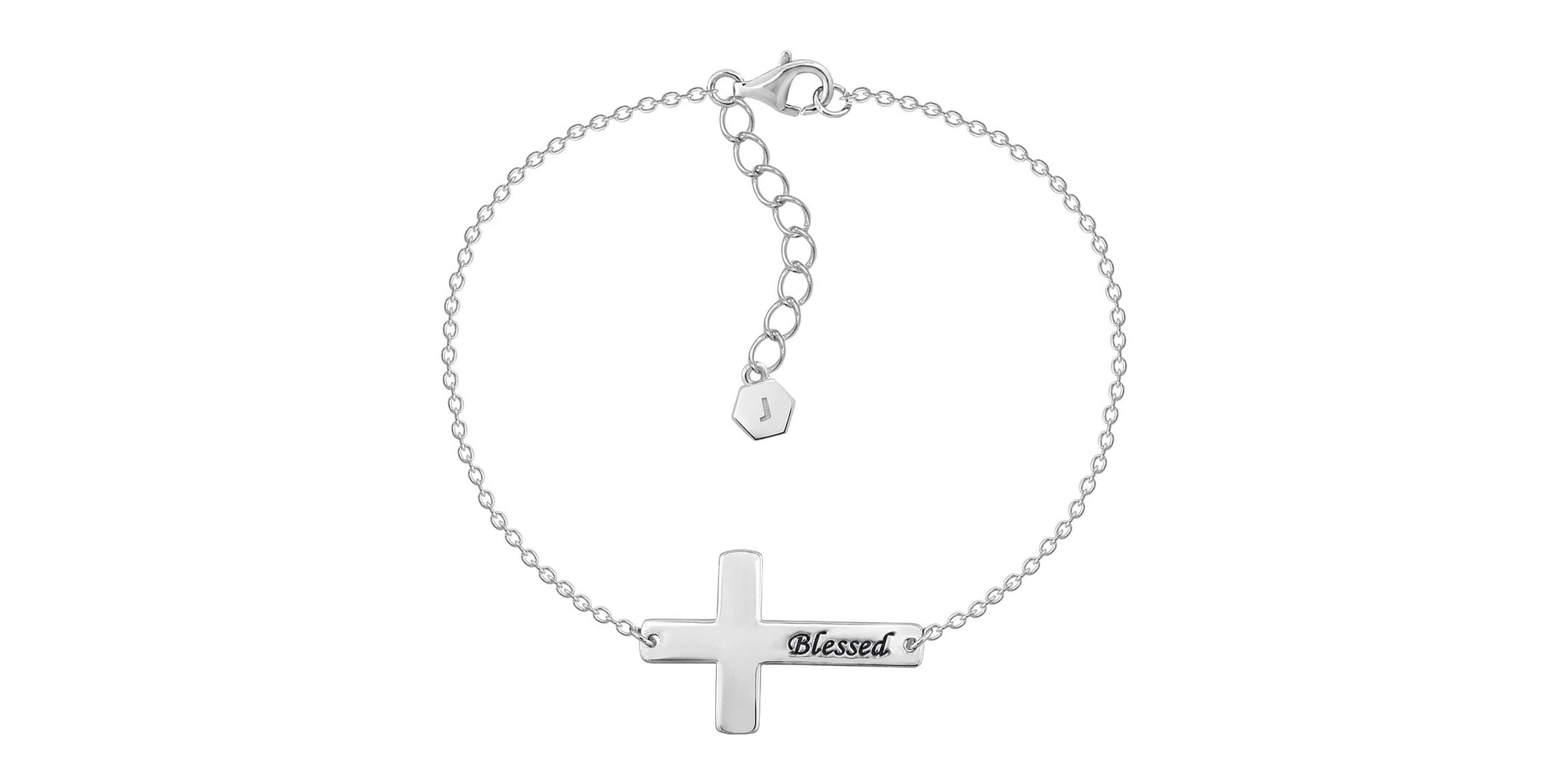 Lab Created Platinum Plated Sterling Silver Dainty Blessed Sideway Cross Bracelet