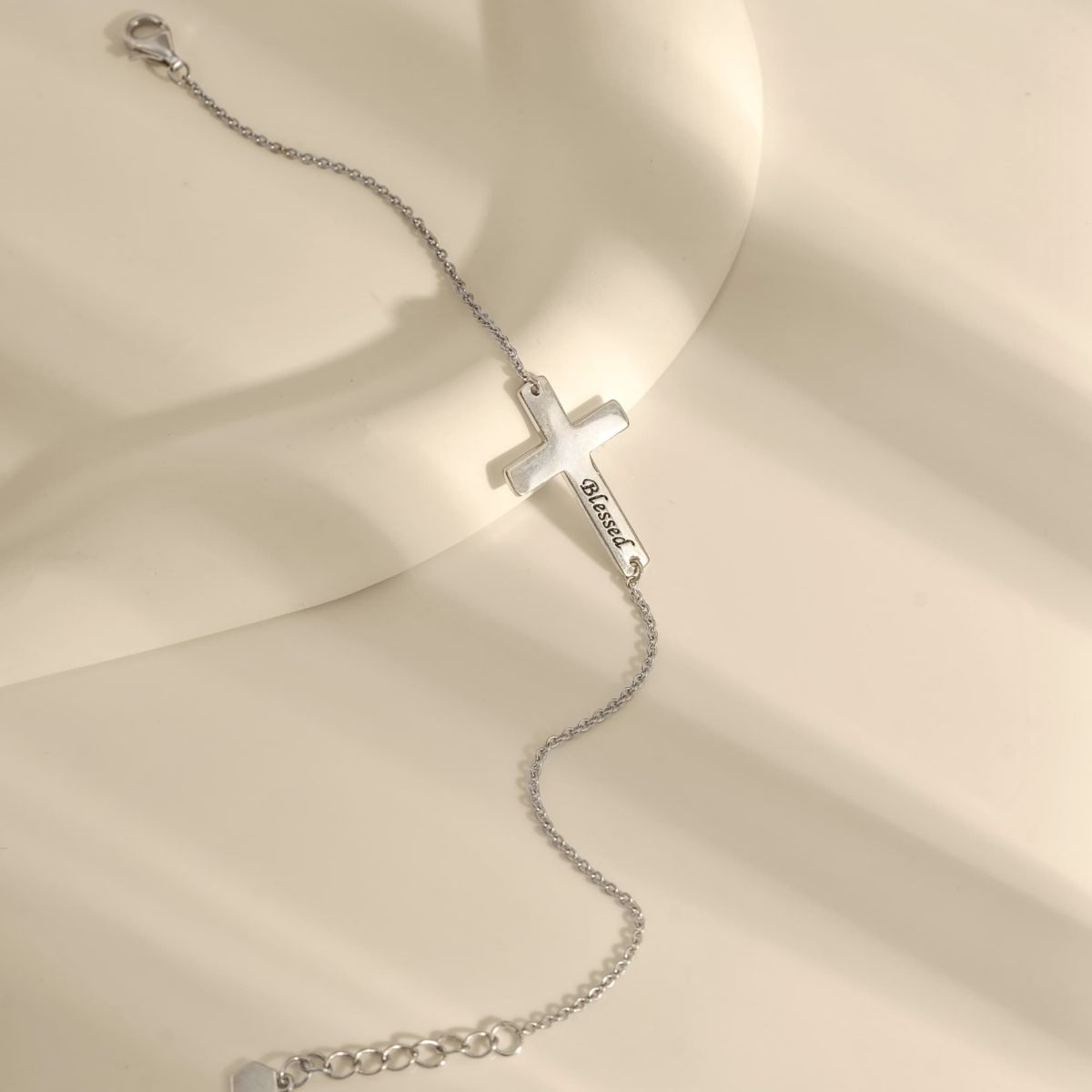 Lab Created Platinum Plated Sterling Silver Dainty Blessed Sideway Cross Bracelet