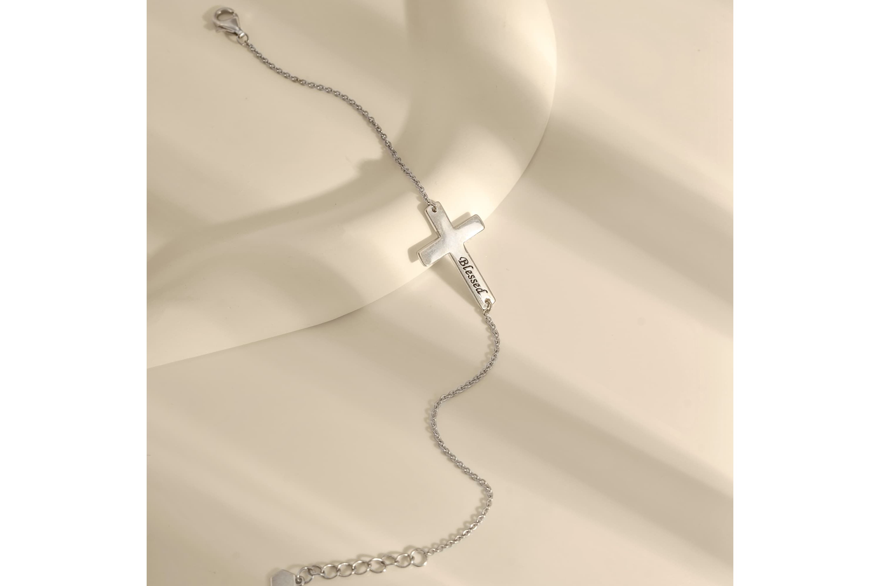 Lab Created Platinum Plated Sterling Silver Dainty Blessed Sideway Cross Bracelet