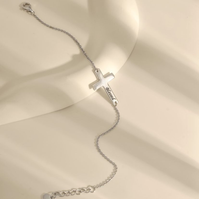 Lab Created Platinum Plated Sterling Silver Dainty Blessed Sideway Cross Bracelet