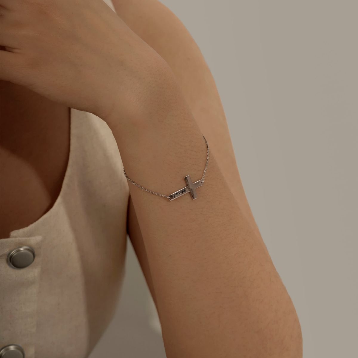 Lab Created Platinum Plated Sterling Silver Dainty Blessed Sideway Cross Bracelet