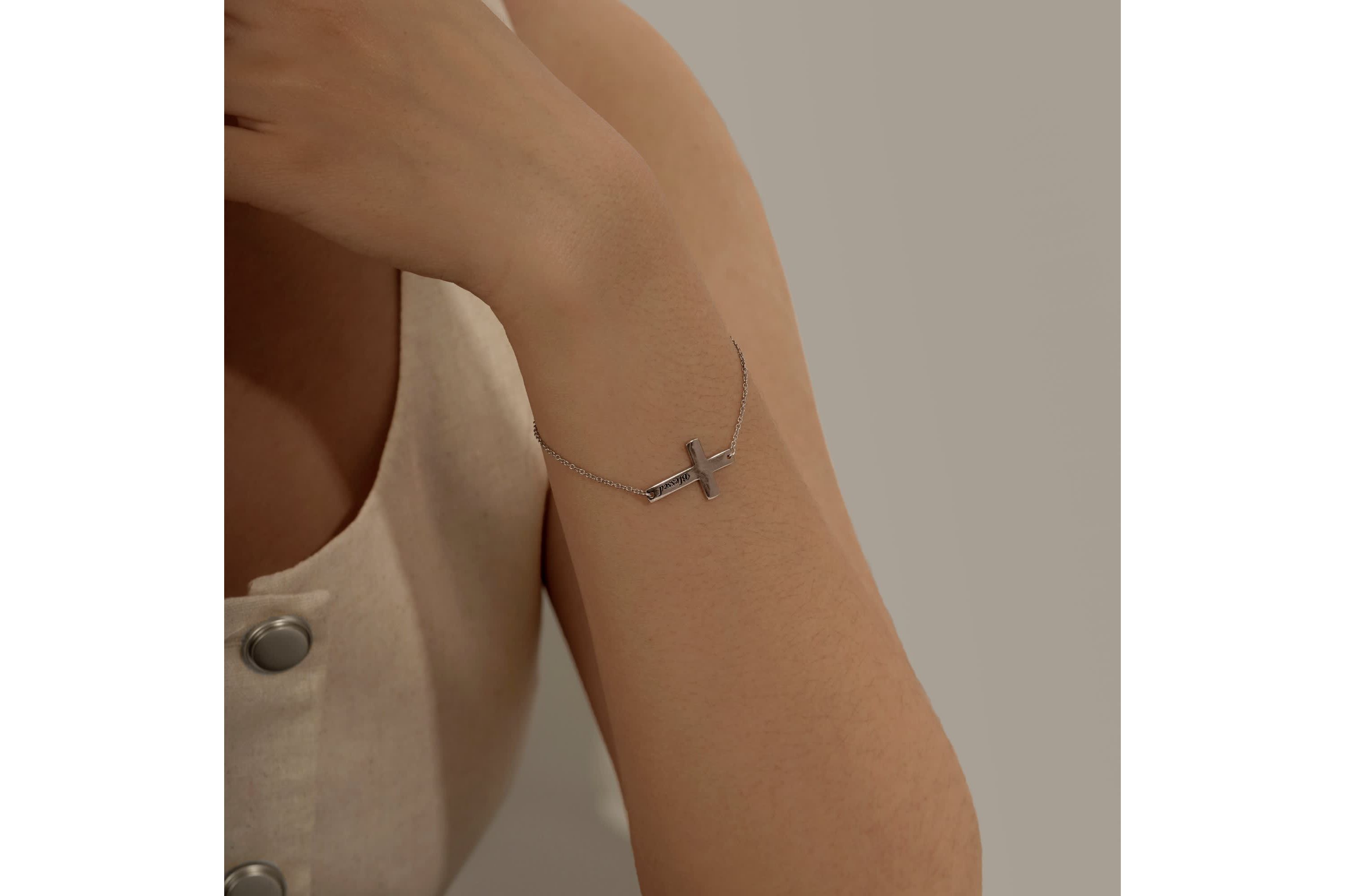 Lab Created Platinum Plated Sterling Silver Dainty Blessed Sideway Cross Bracelet