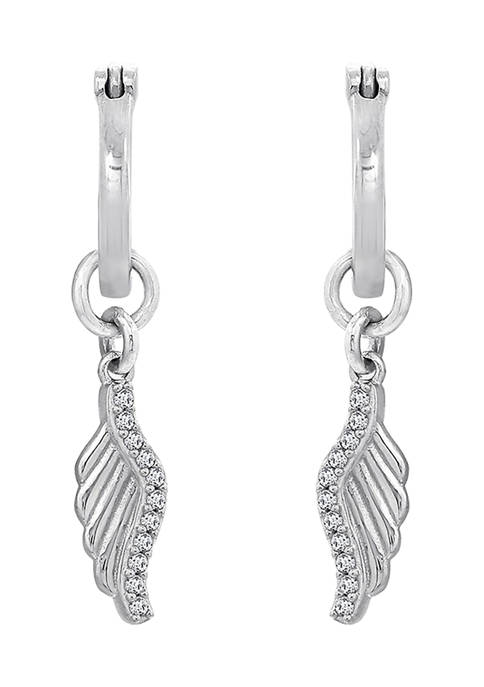 Rhodium Plated Sterling Silver Angel Wing Drop Huggie Hoop Earrings