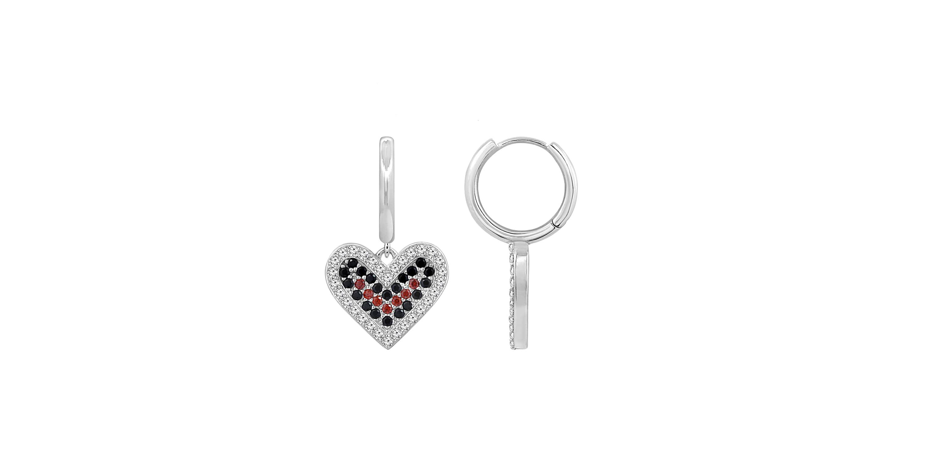 Lab Created Platinum Plated Sterling Silver Cubic Zirconia Red and Black Filled Heart Drop Earrings