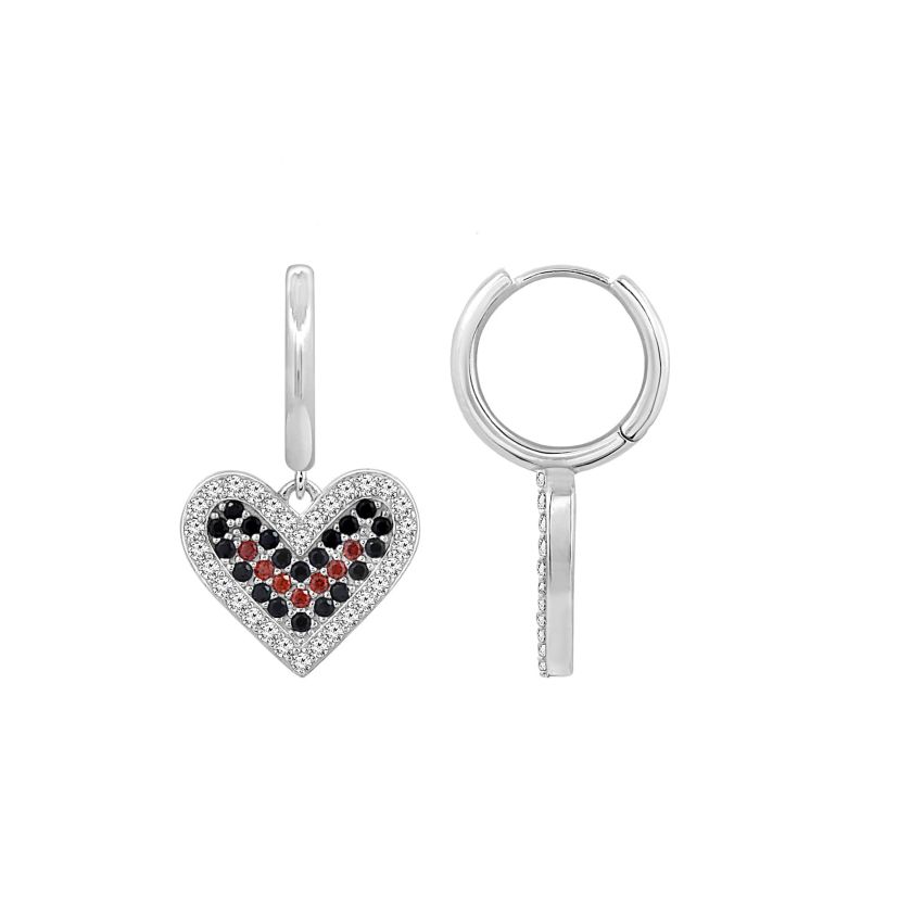 Lab Created Platinum Plated Sterling Silver Cubic Zirconia Red and Black Filled Heart Drop Earrings