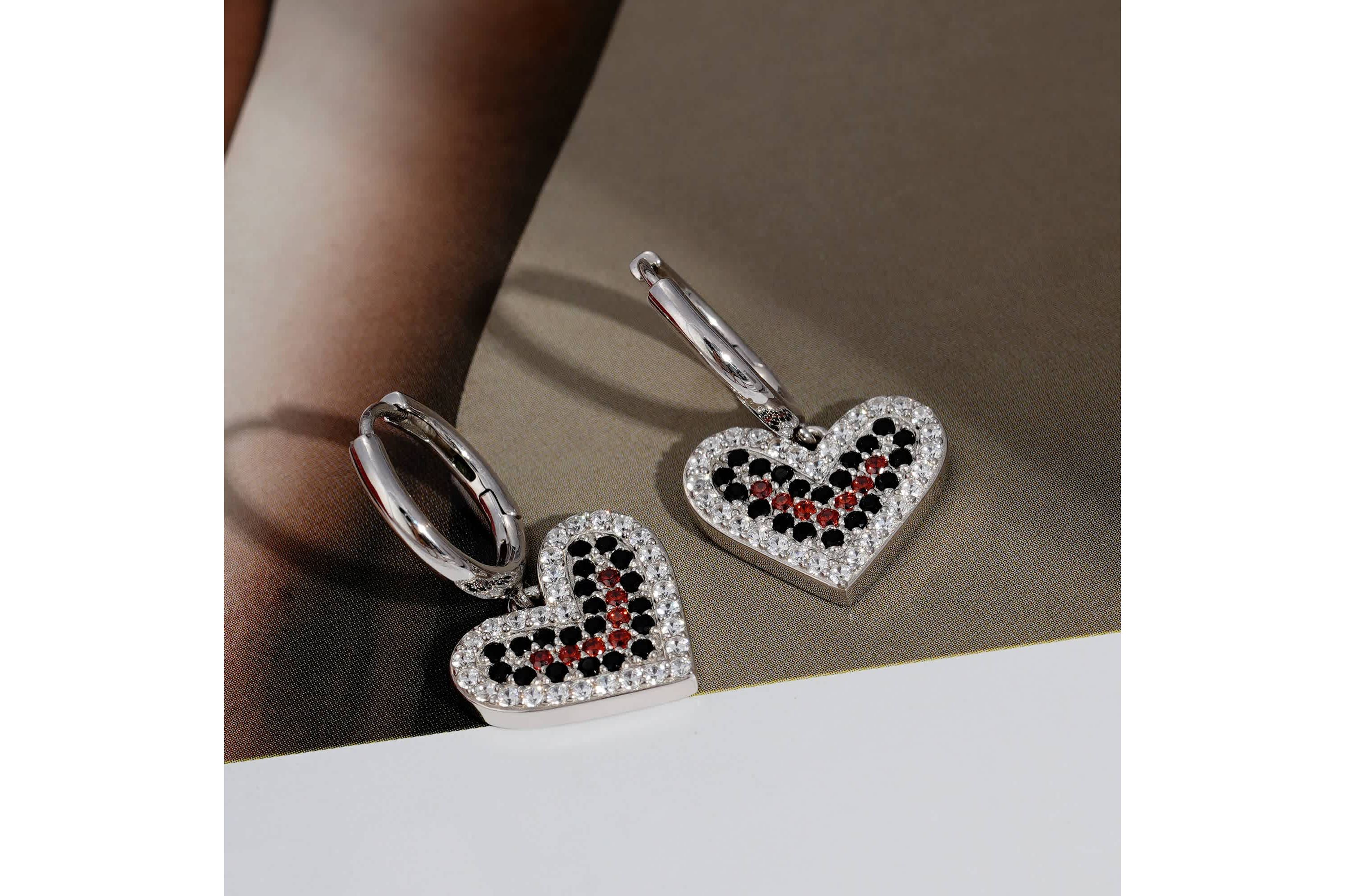 Lab Created Platinum Plated Sterling Silver Cubic Zirconia Red and Black Filled Heart Drop Earrings