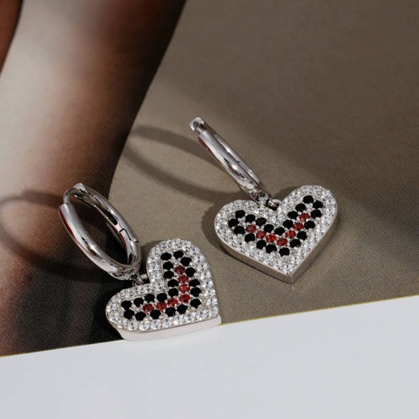 Lab Created Platinum Plated Sterling Silver Cubic Zirconia Red and Black Filled Heart Drop Earrings