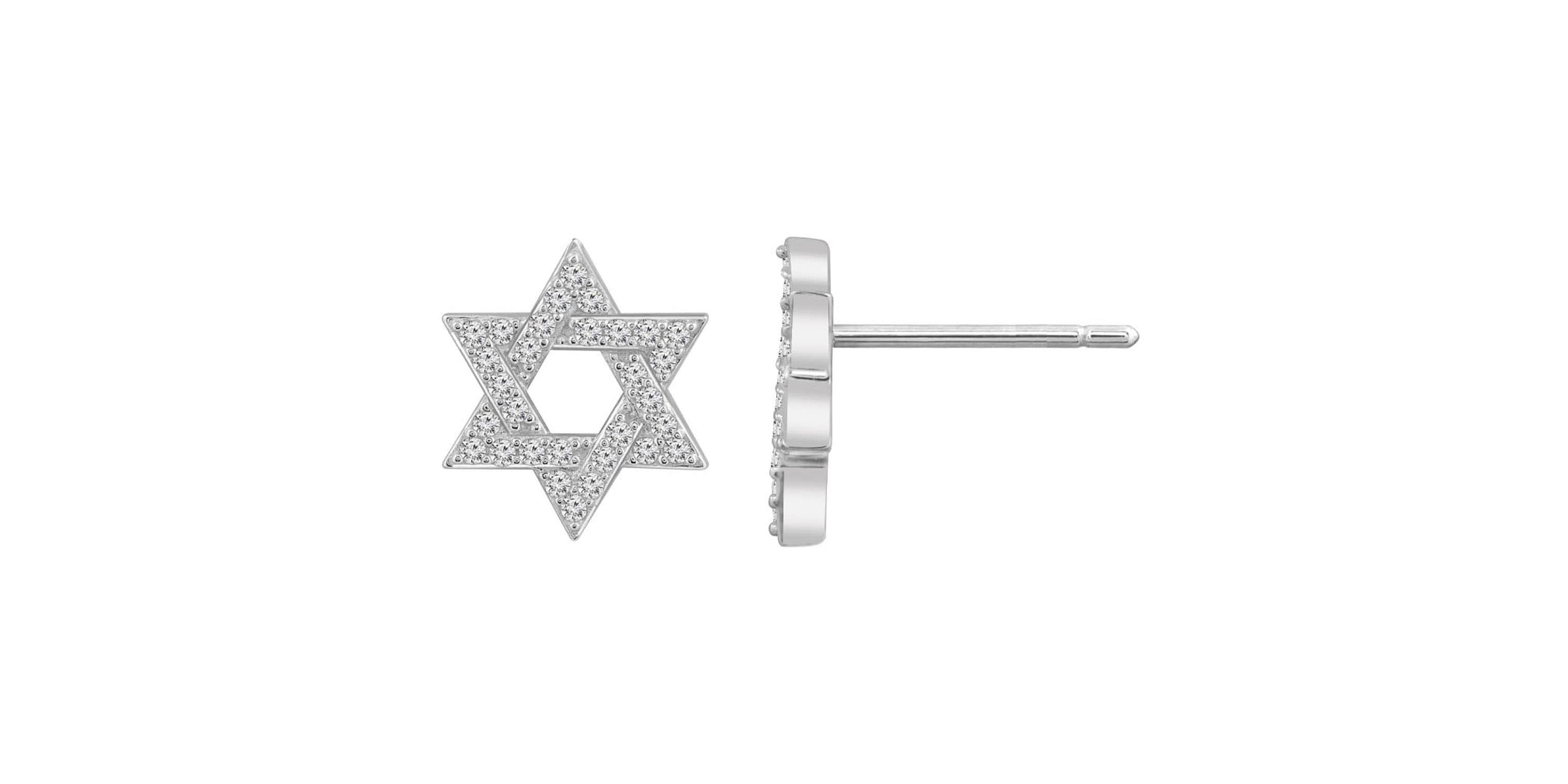 Lab Created Platinum Plated Sterling Silver Religious Round Brilliant Cubic Zirconia Pave Star Of David Stud Earrings
