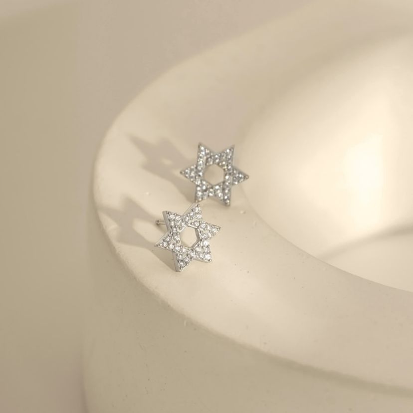 Lab Created Platinum Plated Sterling Silver Religious Round Brilliant Cubic Zirconia Pave Star Of David Stud Earrings