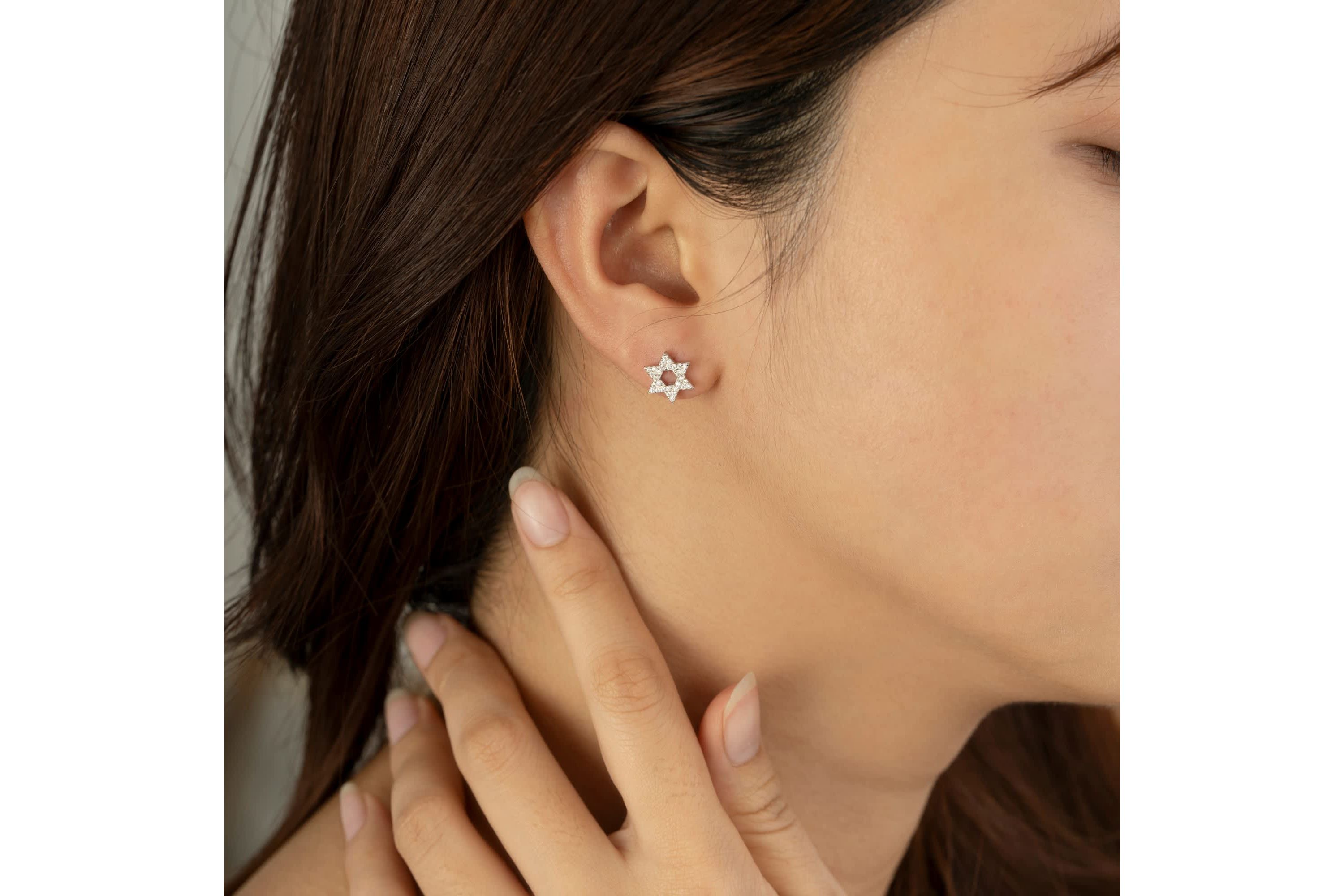 Lab Created Platinum Plated Sterling Silver Religious Round Brilliant Cubic Zirconia Pave Star Of David Stud Earrings