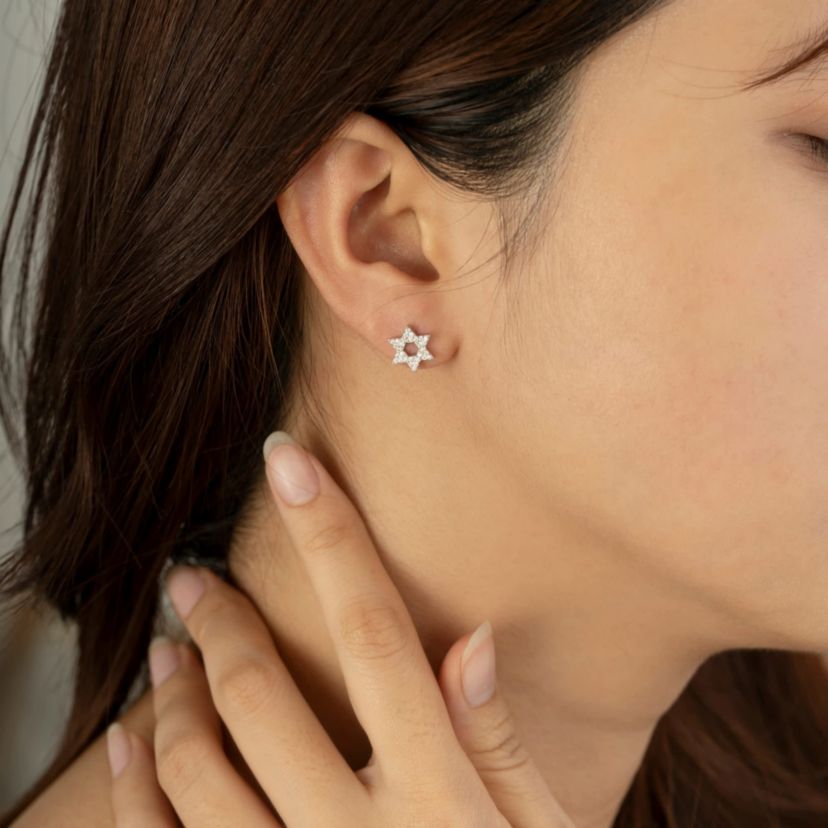 Lab Created Platinum Plated Sterling Silver Religious Round Brilliant Cubic Zirconia Pave Star Of David Stud Earrings