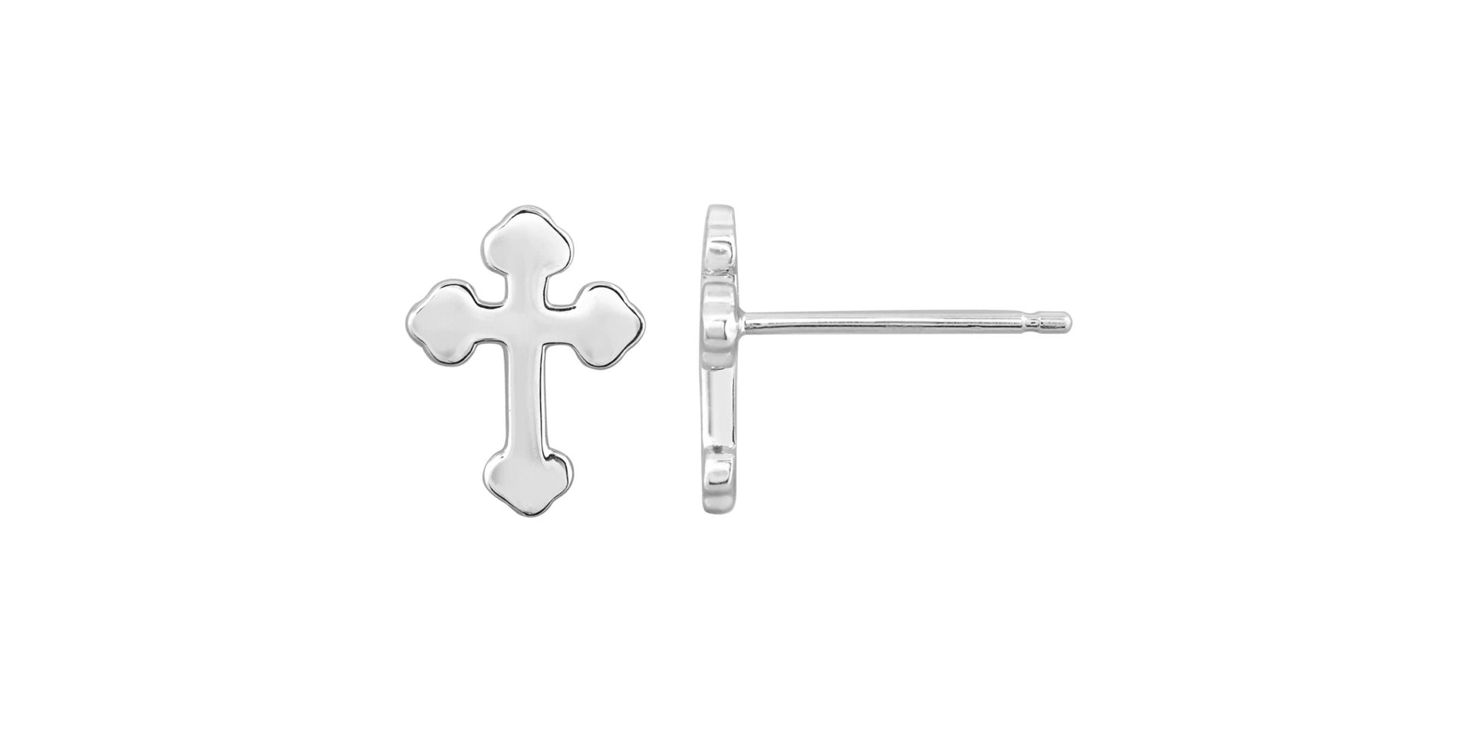 Lab Created Platinum Plated Sterling Silver Dainty Plain Bottony Cross Stud Earrings
