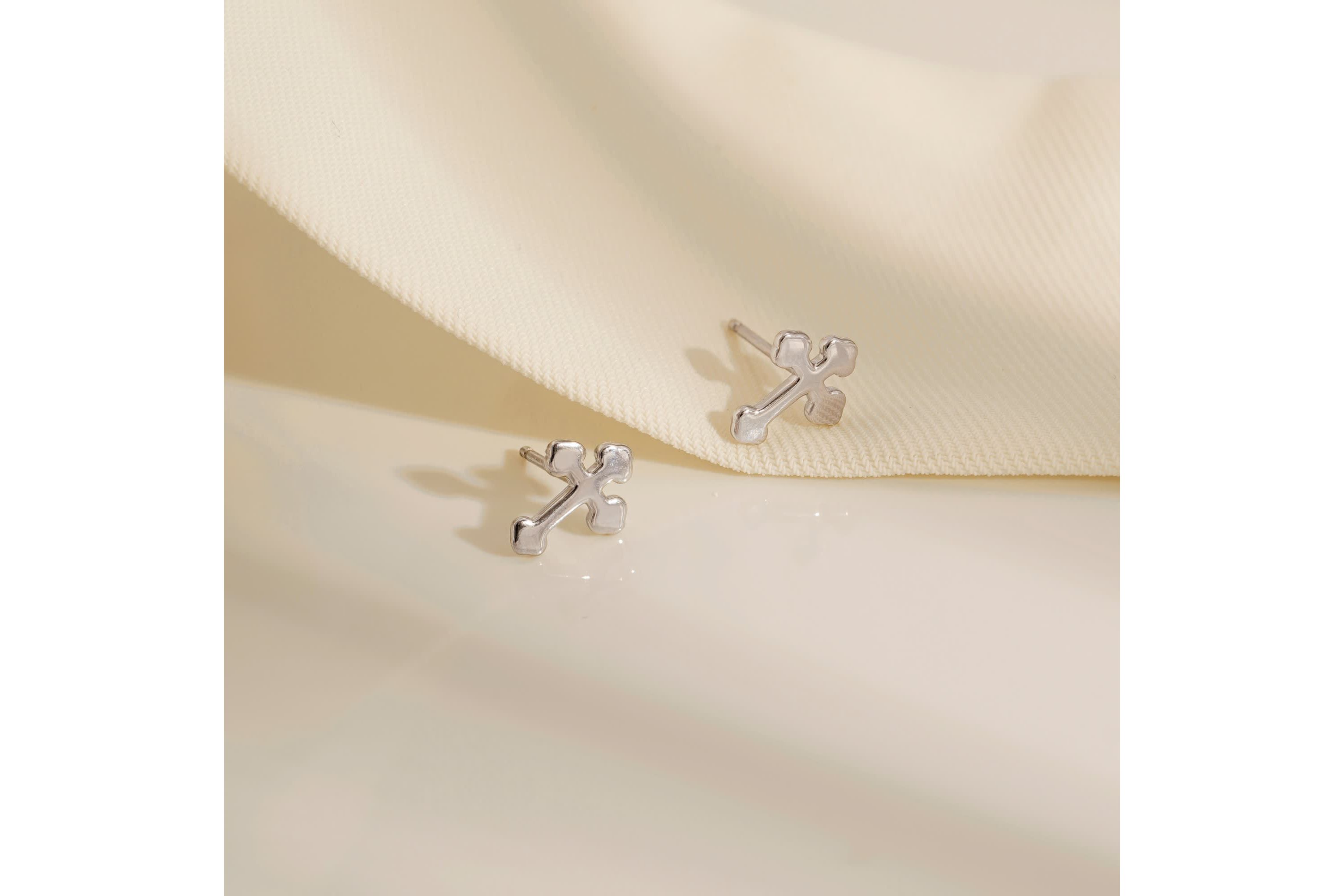 Lab Created Platinum Plated Sterling Silver Dainty Plain Bottony Cross Stud Earrings