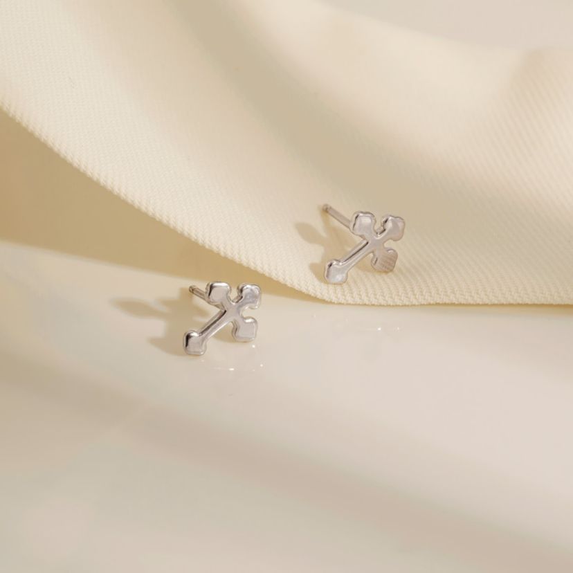 Lab Created Platinum Plated Sterling Silver Dainty Plain Bottony Cross Stud Earrings