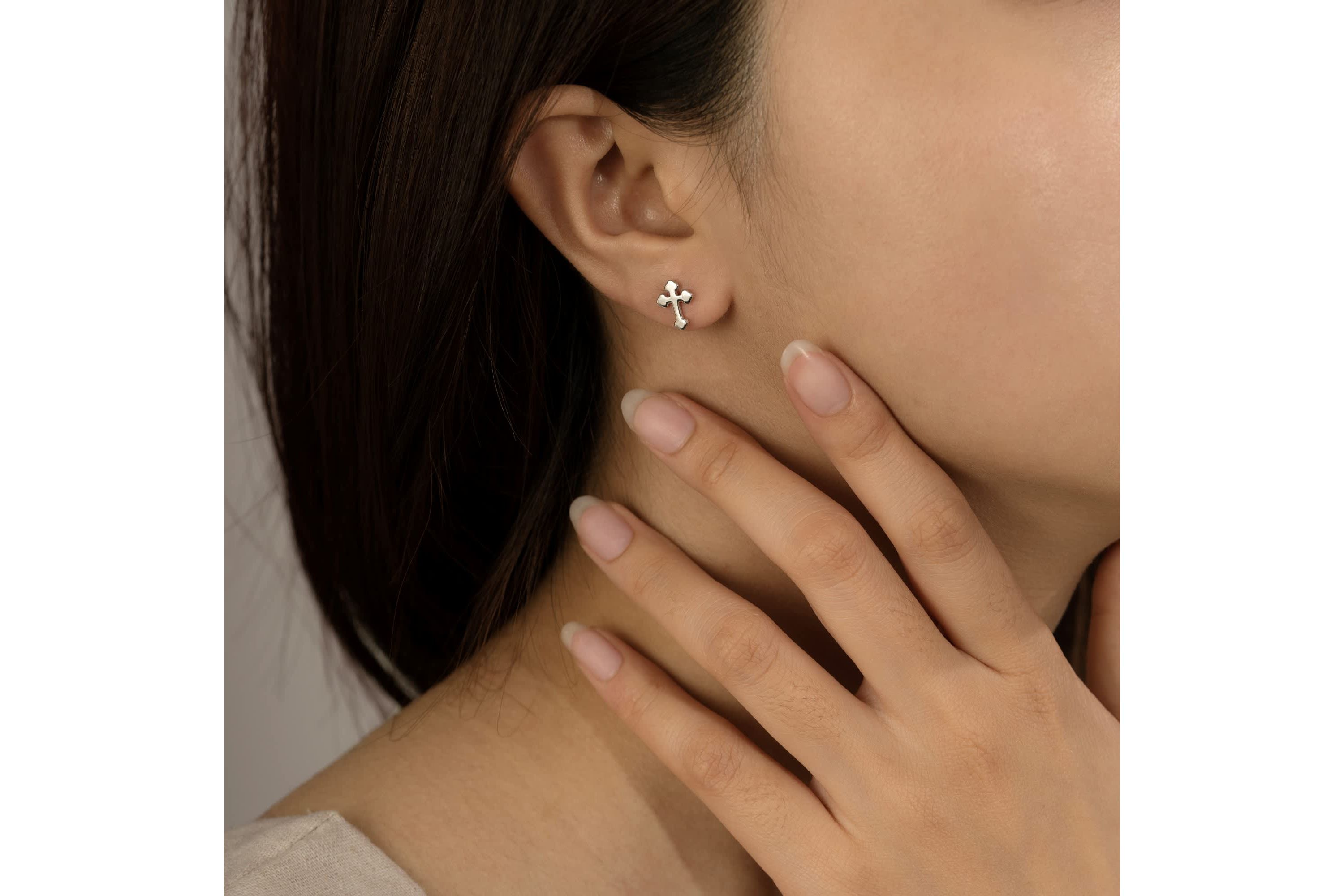 Lab Created Platinum Plated Sterling Silver Dainty Plain Bottony Cross Stud Earrings