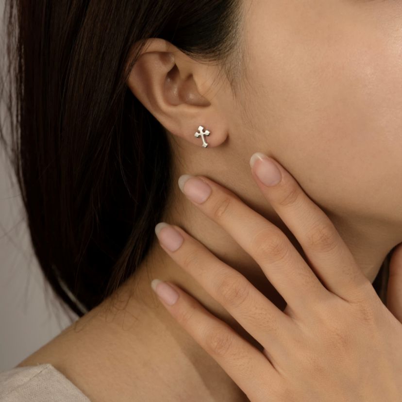 Lab Created Platinum Plated Sterling Silver Dainty Plain Bottony Cross Stud Earrings