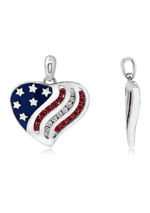 18 Inch Platinum Plated Sterling Silver Lab Created Swarovski® Zirconia American Flag Heart Pendant Necklace