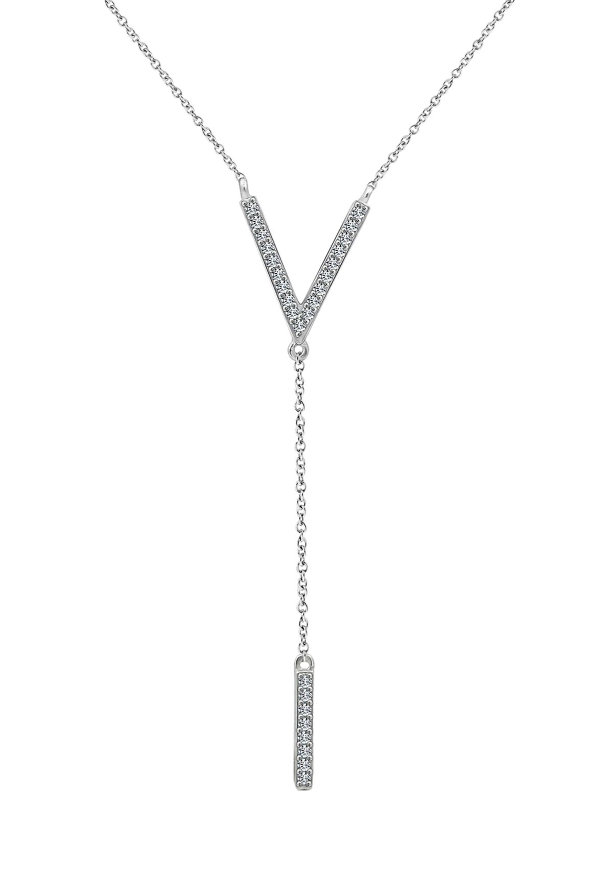 Platinum Plated Sterling Silver 1/4 ct. t.w. Cubic Zirconia Pavé "V" Shape Drop Necklace