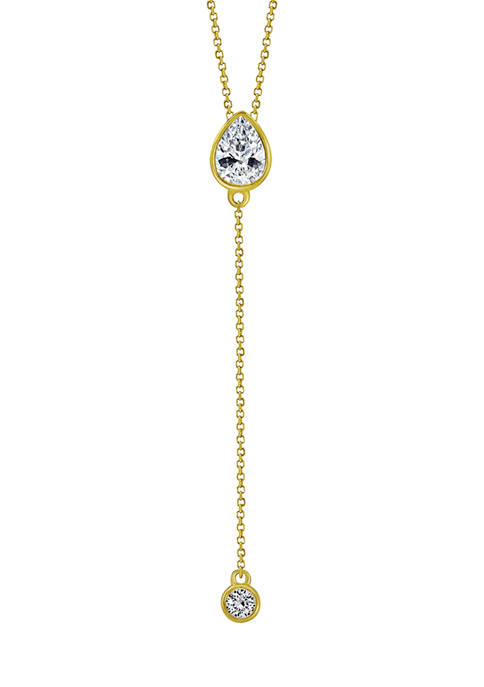 Yellow Gold Plated Sterling Silver 7/8 ct. t.w. Pear & Round Cut Cubic Zirconia Y Shape Necklace, 16 in + 2 in Extender