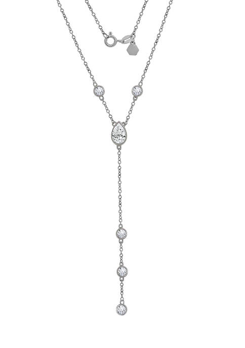 Platinum Plated Sterling Silver Round & Pear Cut 1.93 ct. t.w. Swarovski® Cubic Zirconia  Y-shaped Lariat Necklace, 16 in + 2 in Extender