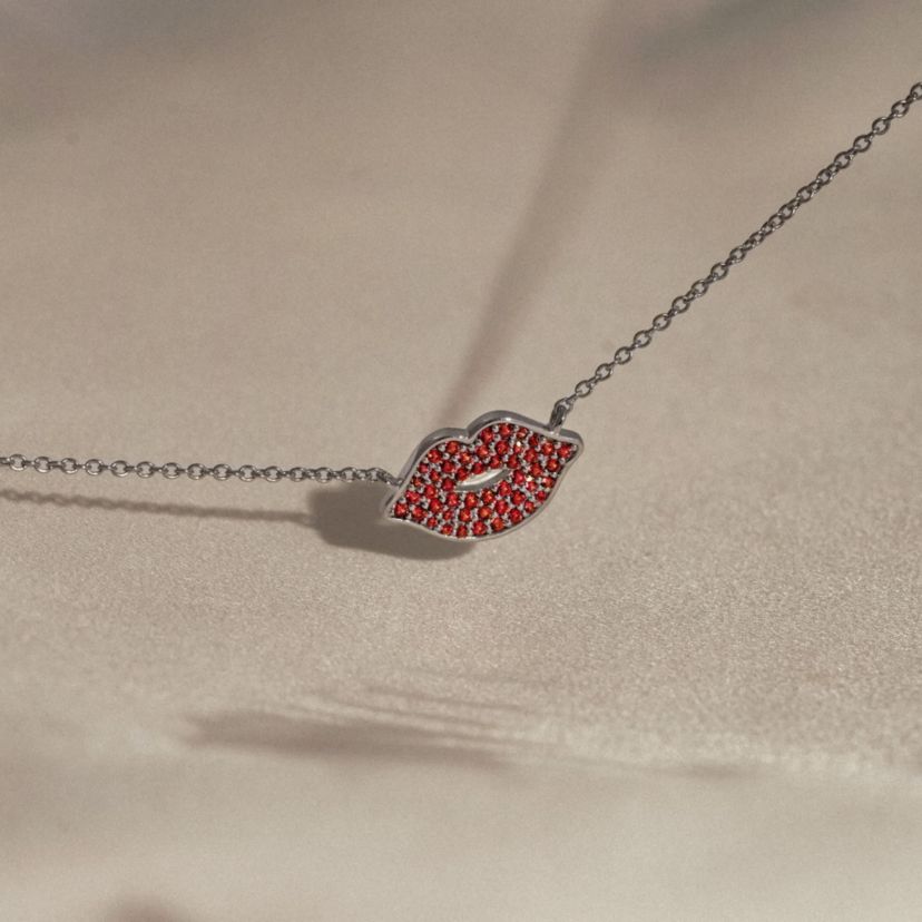Lab Created Platinum Plated Sterling Silver Ruby Red Lip Necklace