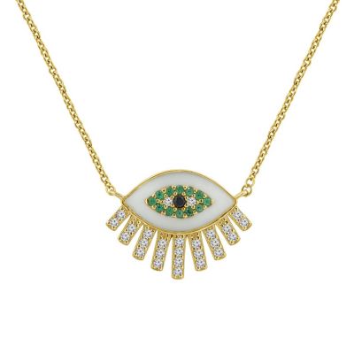 J'admire Lab Created 14K Yellow Gold Plated Sterling Silver Enamel Evil Eye With Cubic Zirconia Amulet Lucky Pendant Necklace