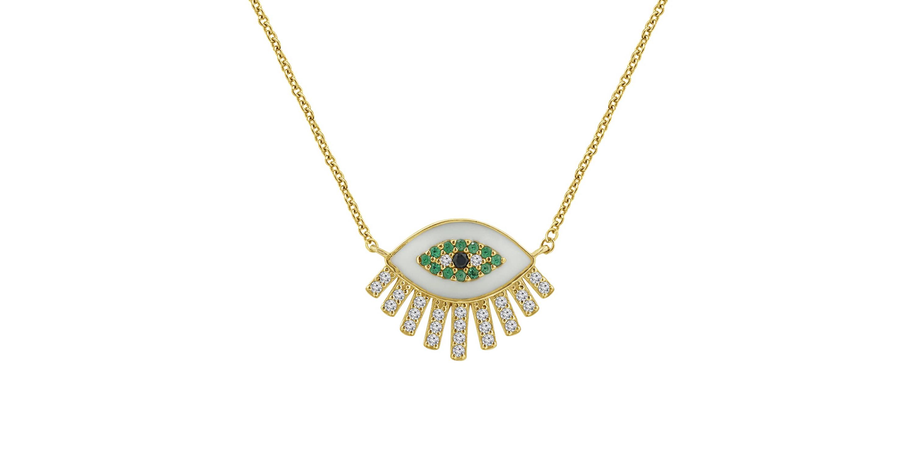 Lab Created 14K Yellow Gold Plated Sterling Silver Enamel Evil Eye With Cubic Zirconia Amulet Lucky Pendant Necklace