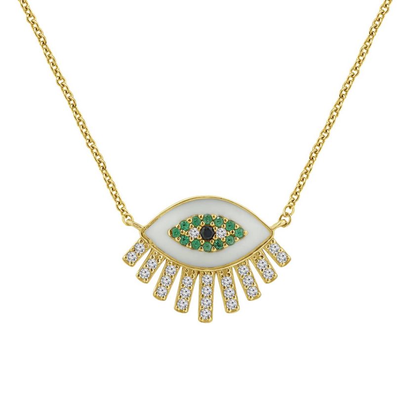 Lab Created 14K Yellow Gold Plated Sterling Silver Enamel Evil Eye With Cubic Zirconia Amulet Lucky Pendant Necklace