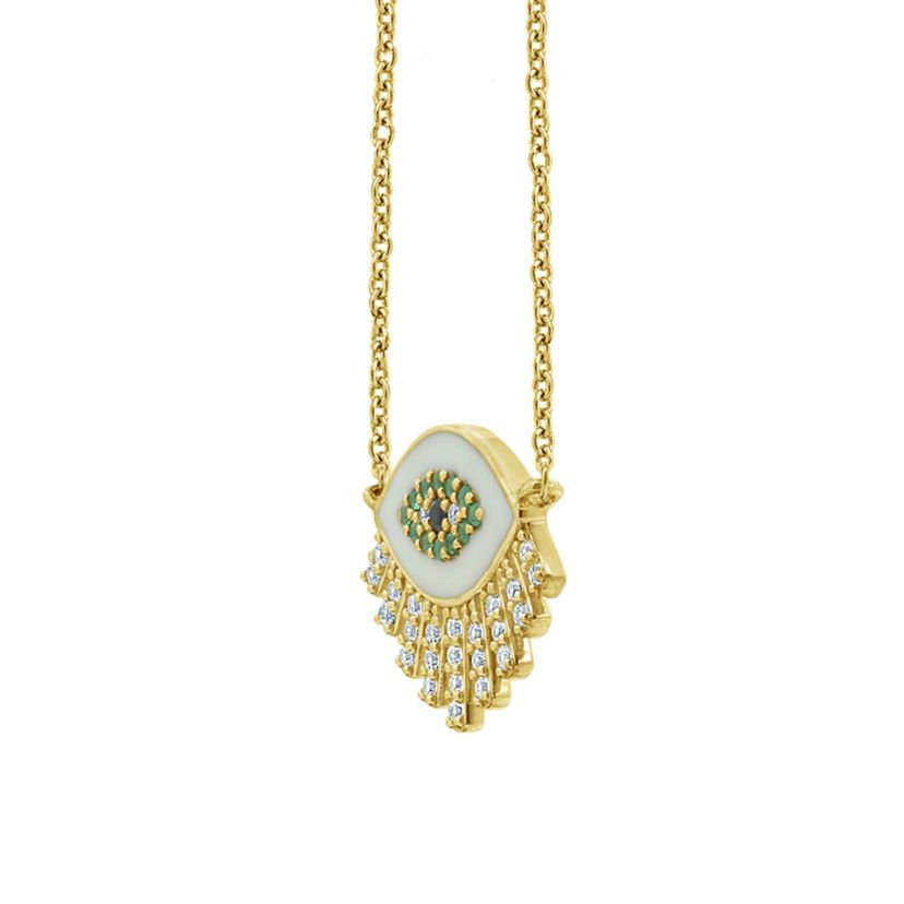 Lab Created 14K Yellow Gold Plated Sterling Silver Enamel Evil Eye With Cubic Zirconia Amulet Lucky Pendant Necklace