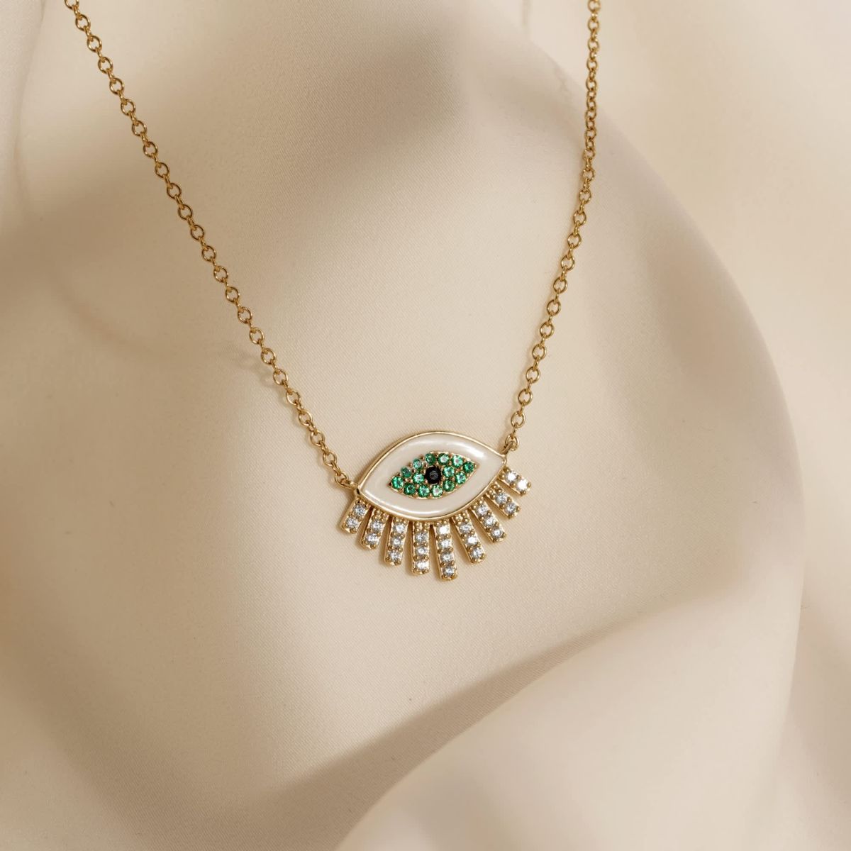 Lab Created 14K Yellow Gold Plated Sterling Silver Enamel Evil Eye With Cubic Zirconia Amulet Lucky Pendant Necklace