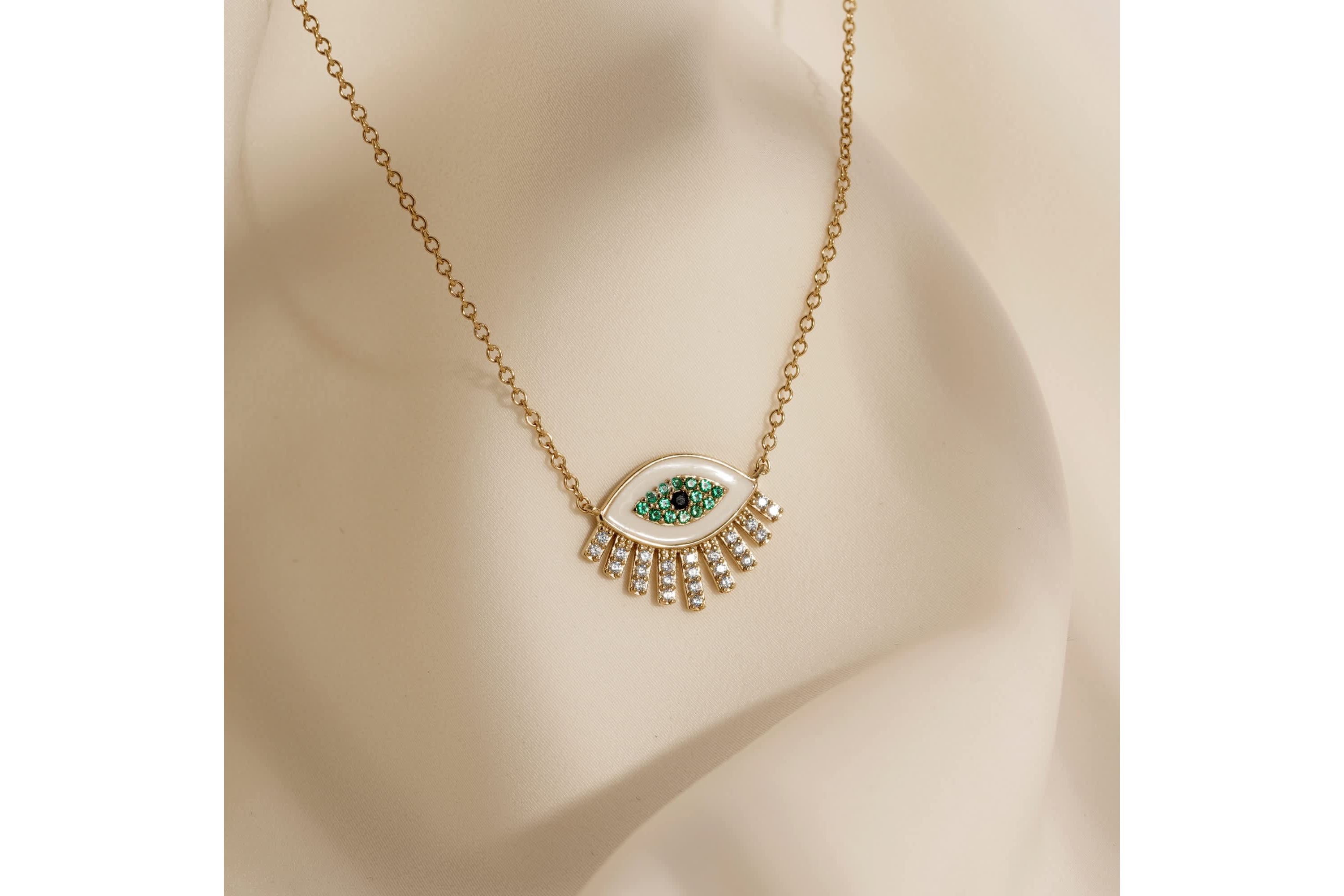 Lab Created 14K Yellow Gold Plated Sterling Silver Enamel Evil Eye With Cubic Zirconia Amulet Lucky Pendant Necklace