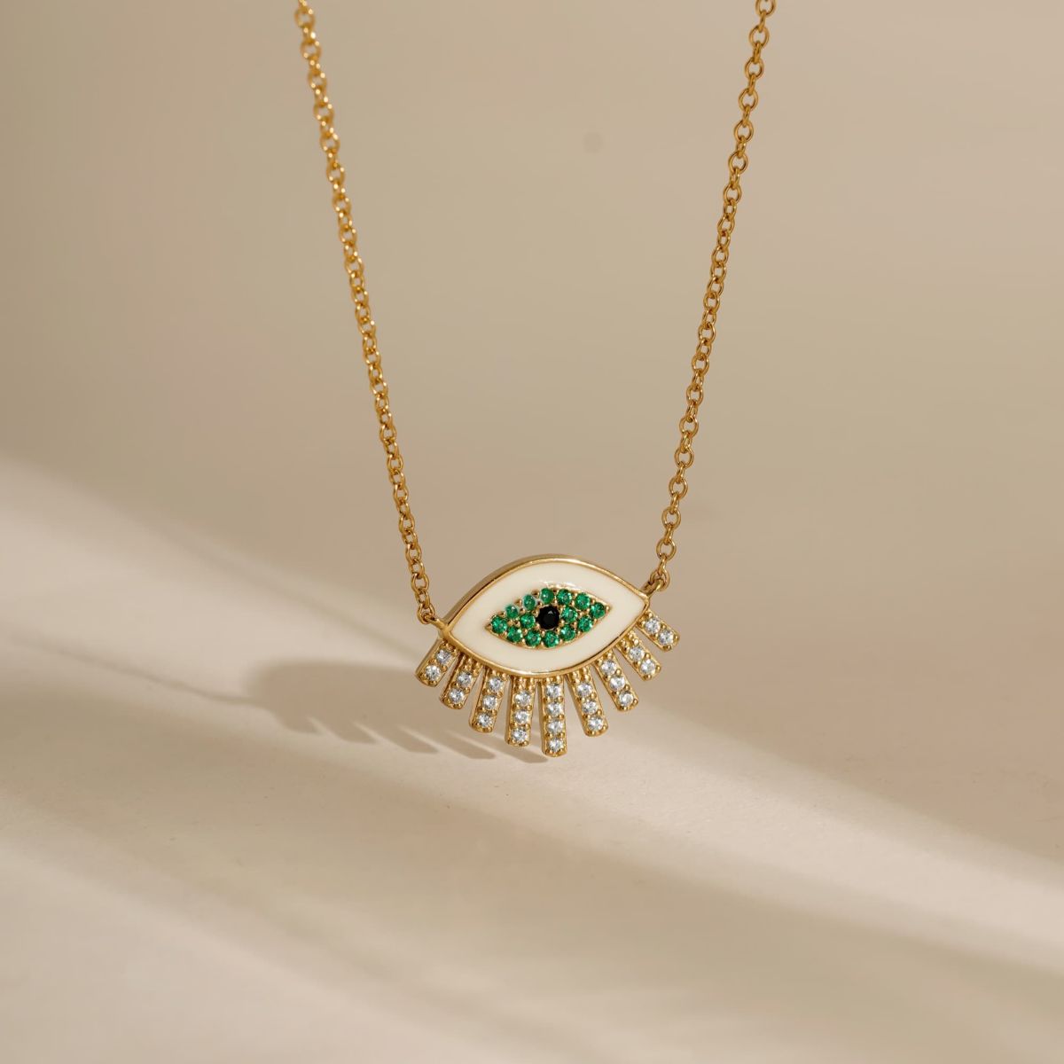 Lab Created 14K Yellow Gold Plated Sterling Silver Enamel Evil Eye With Cubic Zirconia Amulet Lucky Pendant Necklace