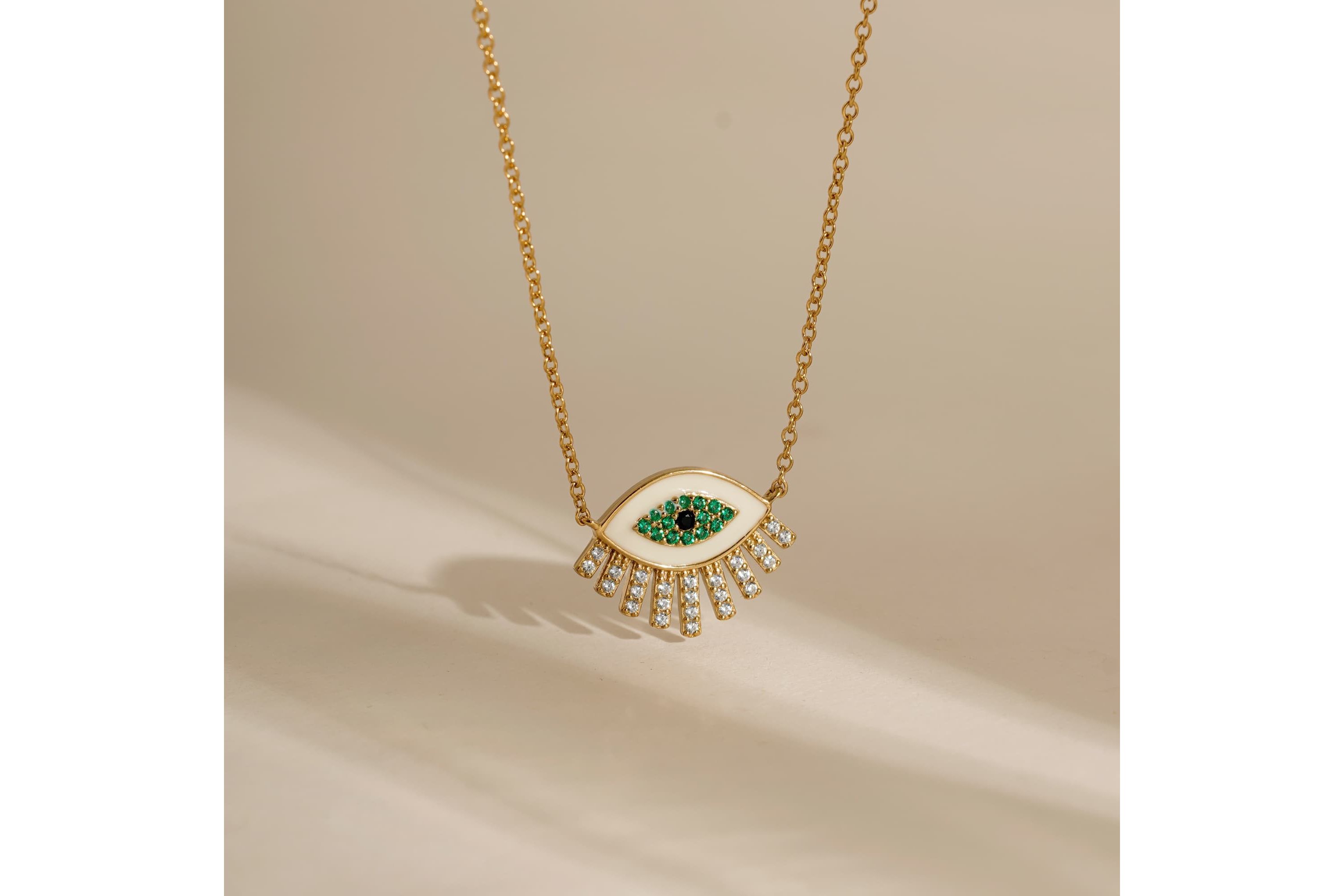 Lab Created 14K Yellow Gold Plated Sterling Silver Enamel Evil Eye With Cubic Zirconia Amulet Lucky Pendant Necklace