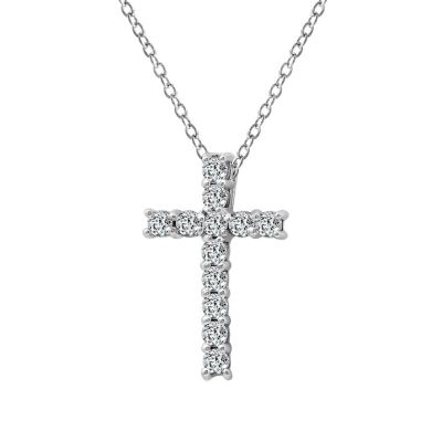 J'admire Lab Created Platinum Plated Sterling Silver 0.48 cttw Religious Clear Cubic Zirconia Latin Cross Pendant Necklace