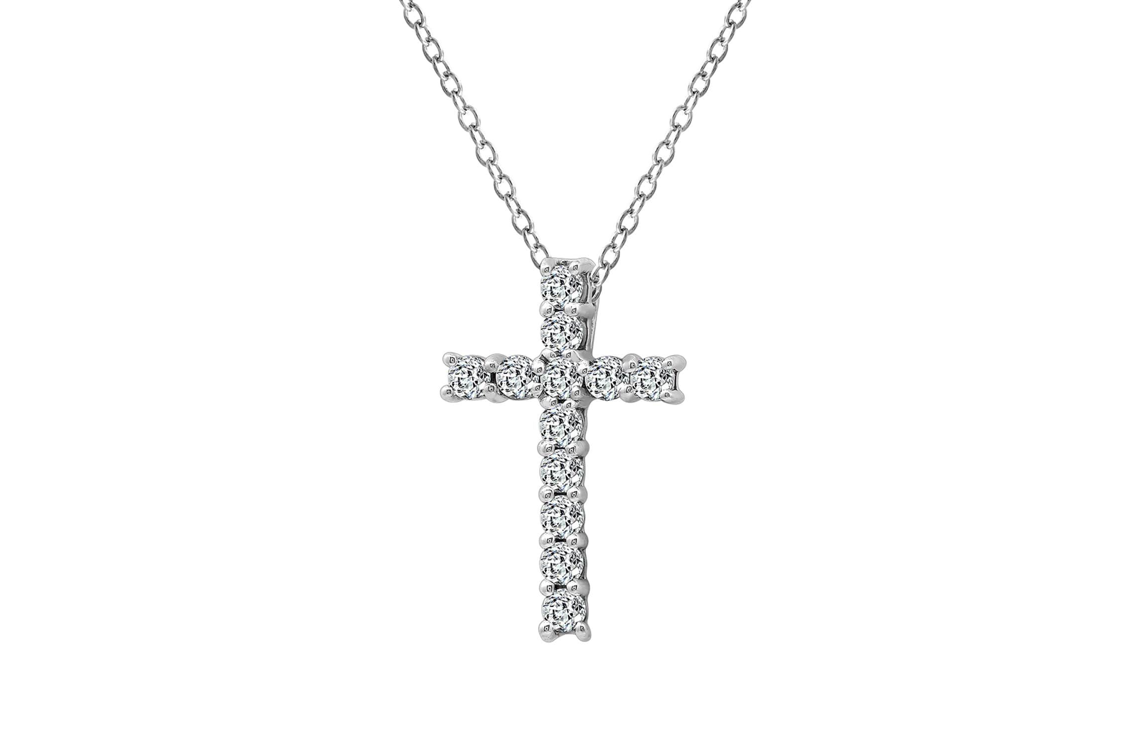 Lab Created Platinum Plated Sterling Silver 0.48 cttw Religious Clear Cubic Zirconia Latin Cross Pendant Necklace