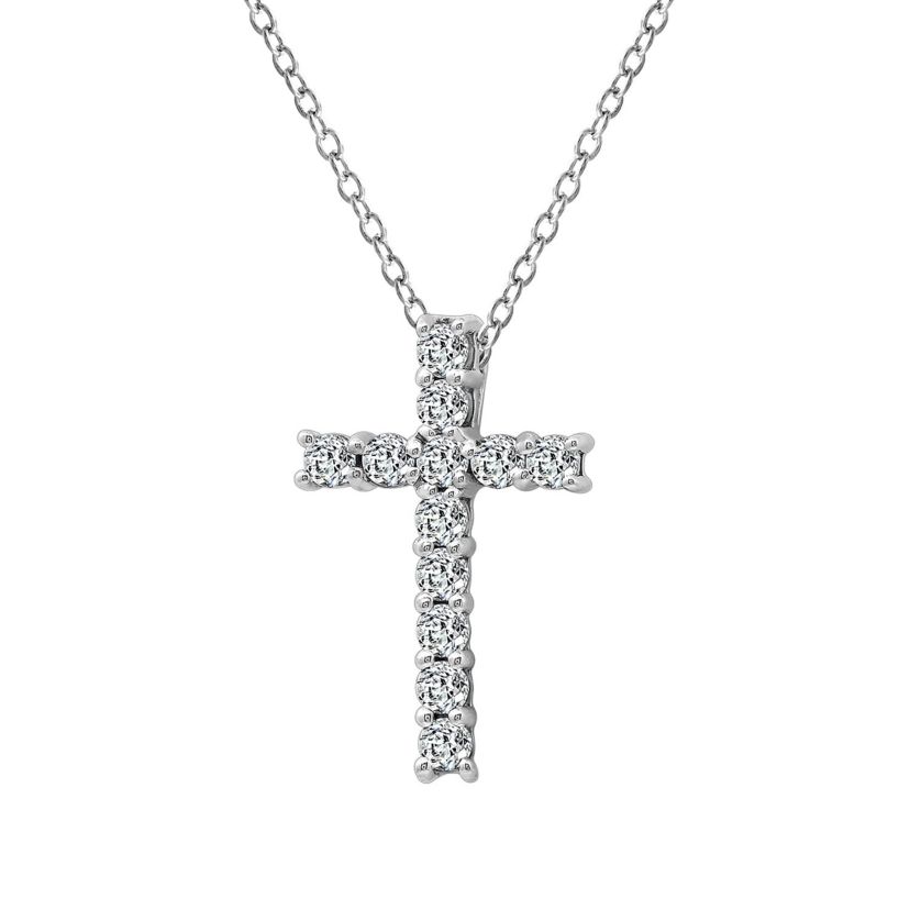 Lab Created Platinum Plated Sterling Silver 0.48 cttw Religious Clear Cubic Zirconia Latin Cross Pendant Necklace