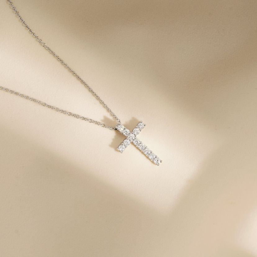 Lab Created Platinum Plated Sterling Silver 0.48 cttw Religious Clear Cubic Zirconia Latin Cross Pendant Necklace