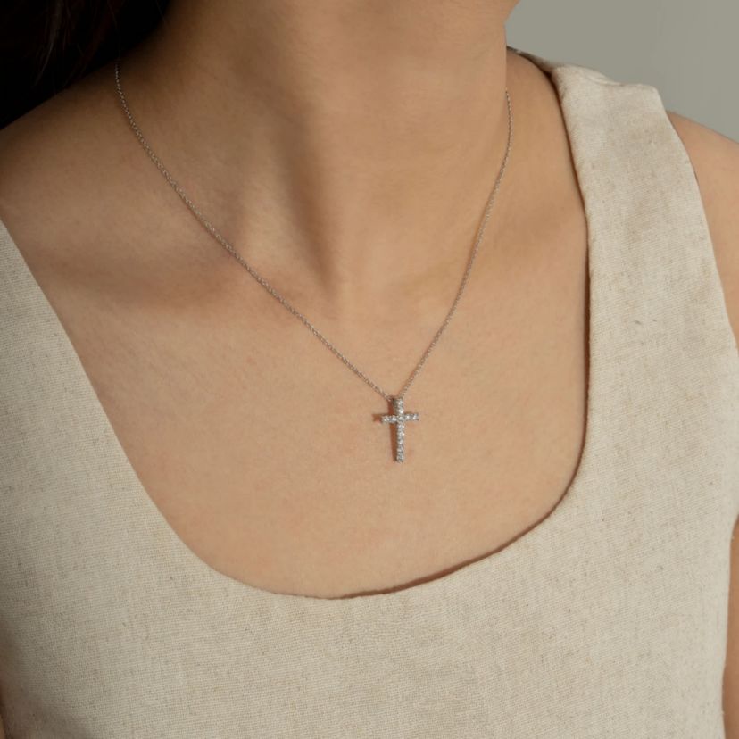 Lab Created Platinum Plated Sterling Silver 0.48 cttw Religious Clear Cubic Zirconia Latin Cross Pendant Necklace