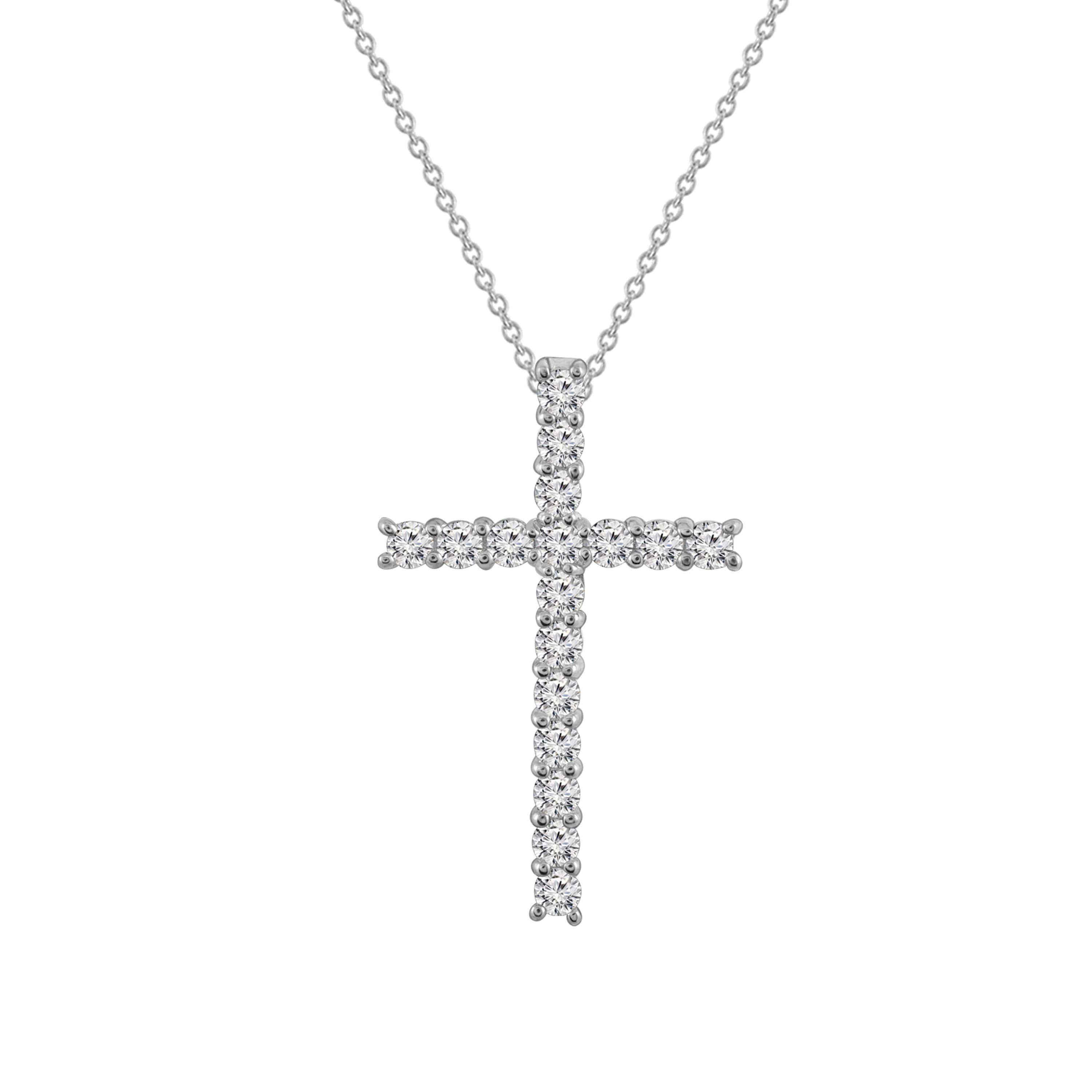 Lab Created Platinum Plated Sterling Silver 0.68 cttw Religious Clear Cubic Zirconia Latin Cross Pendant Necklace