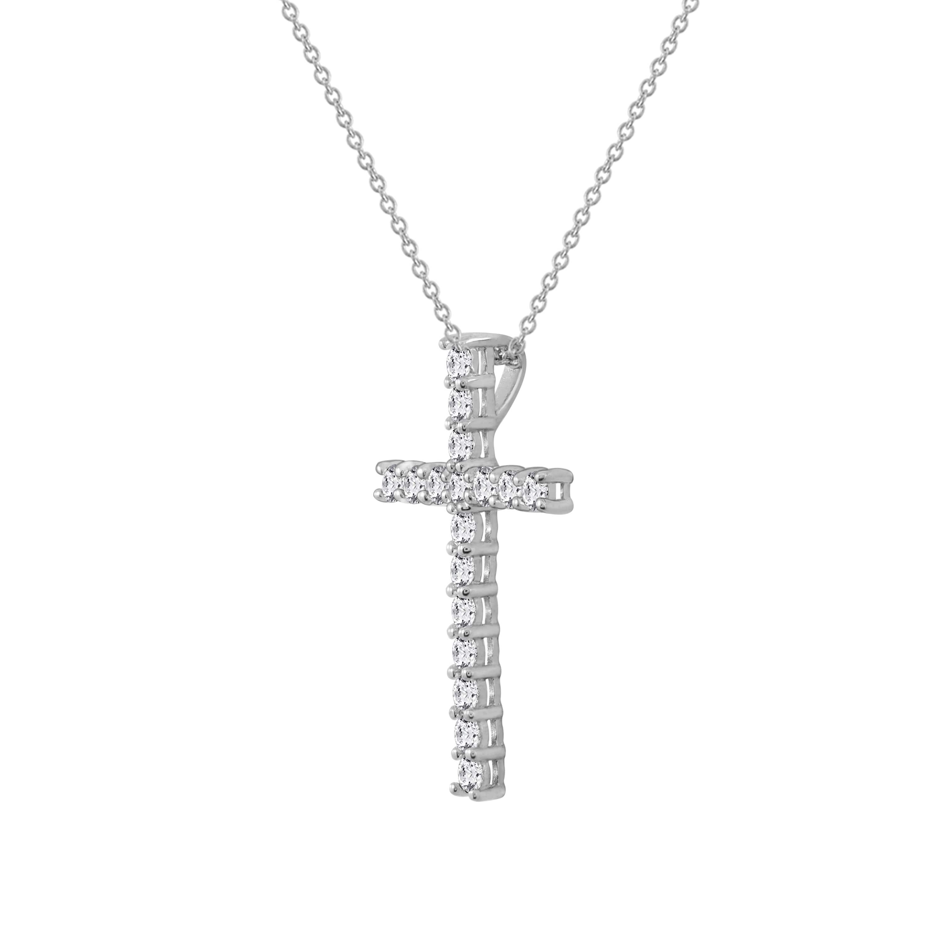 Lab Created Platinum Plated Sterling Silver 0.68 cttw Religious Clear Cubic Zirconia Latin Cross Pendant Necklace
