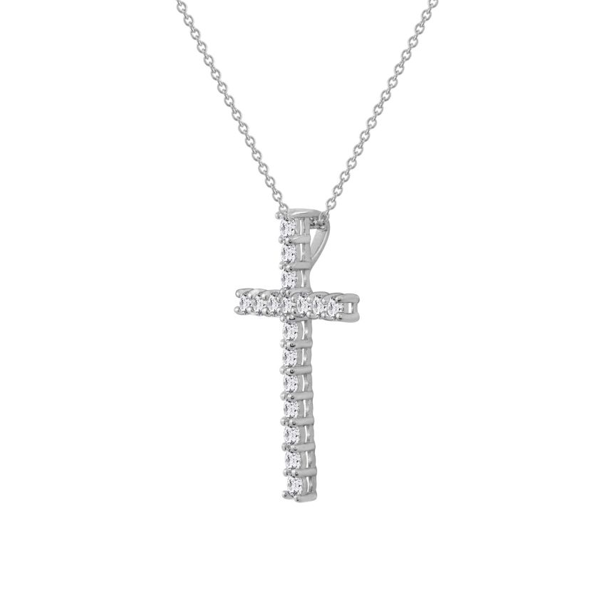 Lab Created Platinum Plated Sterling Silver 0.68 cttw Religious Clear Cubic Zirconia Latin Cross Pendant Necklace