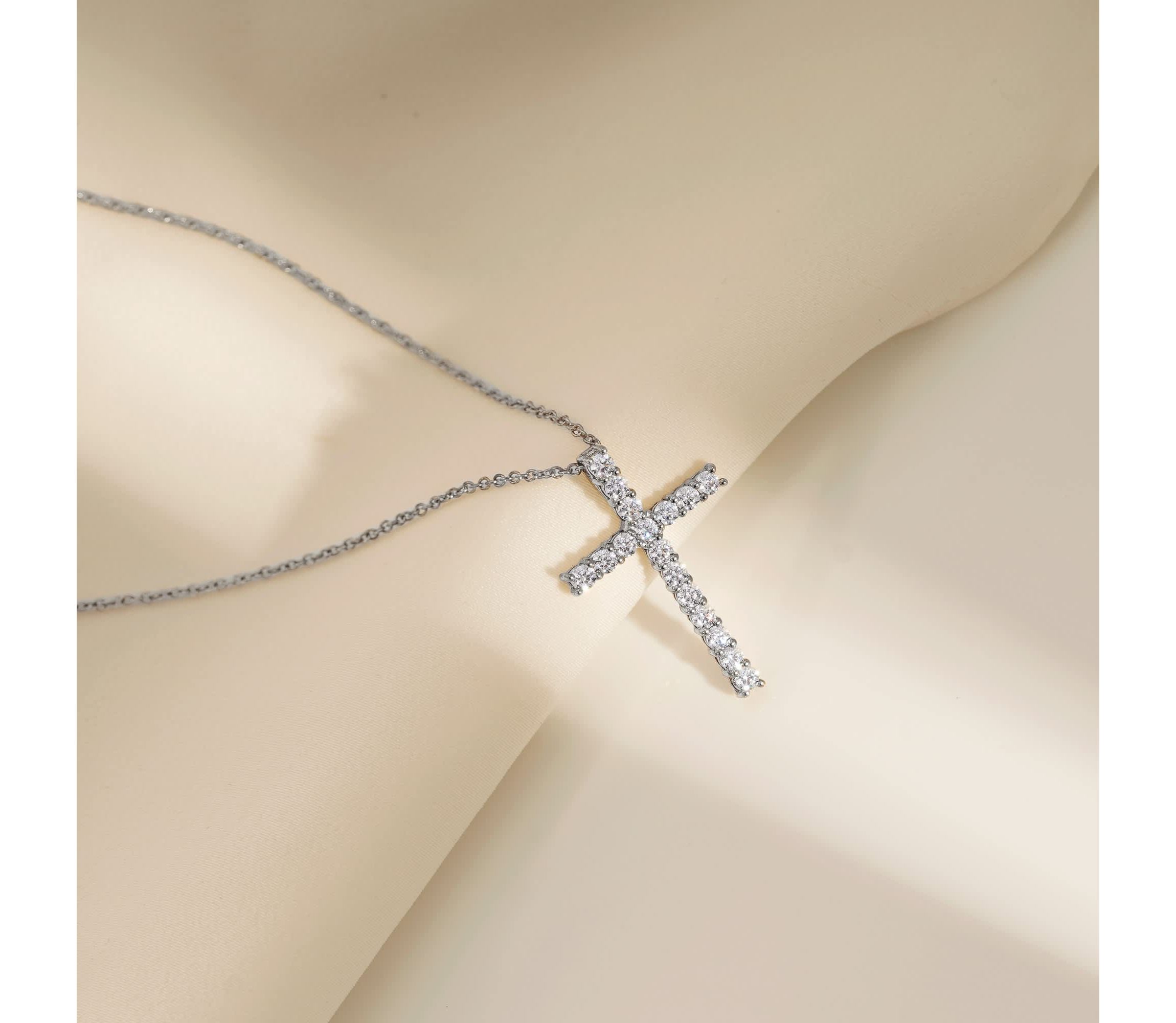 Lab Created Platinum Plated Sterling Silver 0.68 cttw Religious Clear Cubic Zirconia Latin Cross Pendant Necklace
